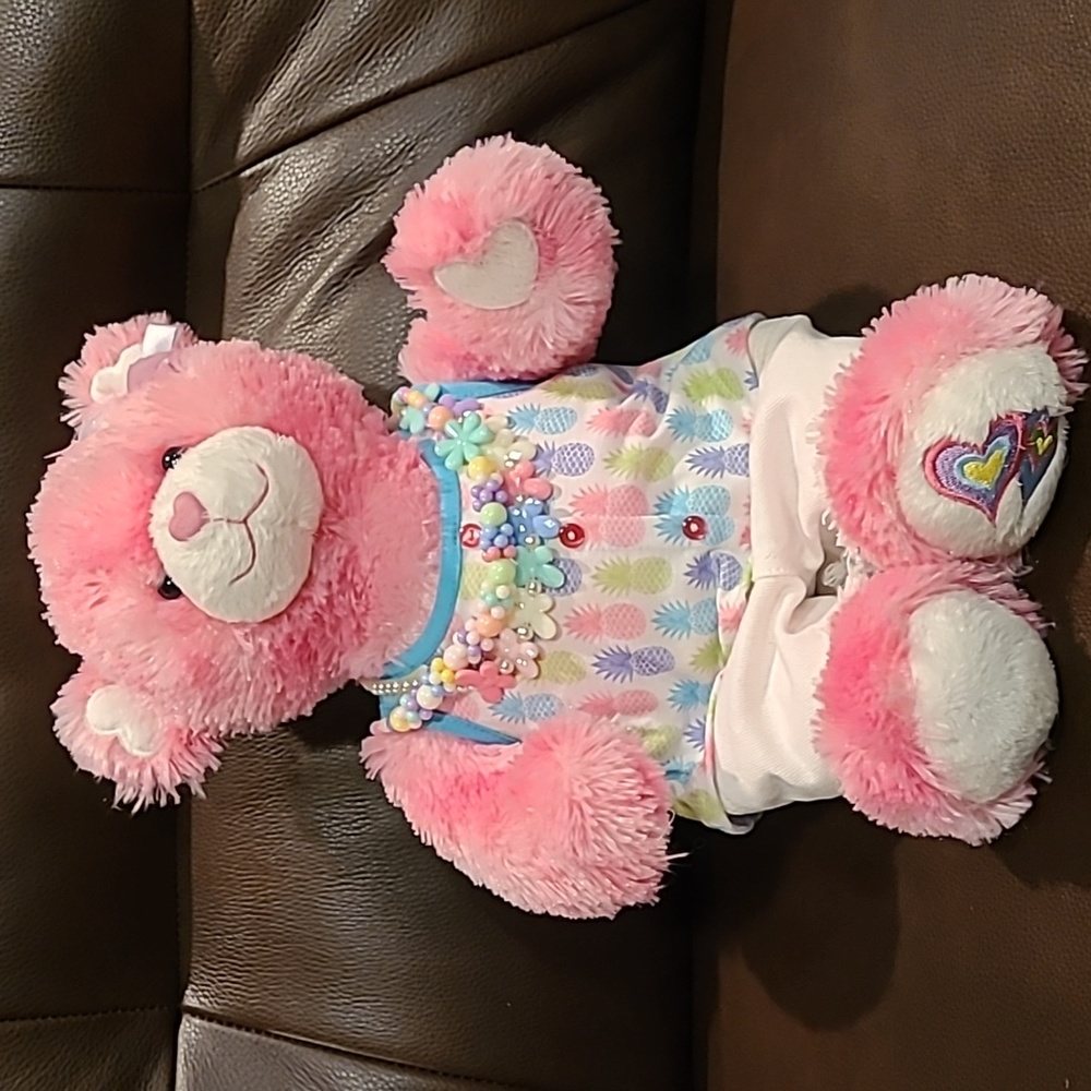Build-a-Bear Pink Heart Teddy with Hawaiian outfit Excellent 17"